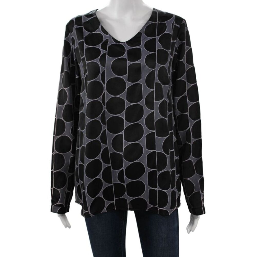 Armor Lux Womens Tunic Blouse Black V Neck Long Sleeve Geometric Size 40